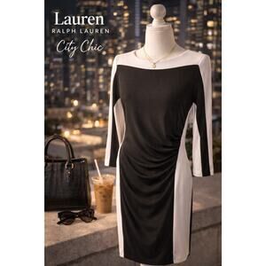 Lauren Ralph Lauren Black White Colorblock Sheath Dress Size 8 Ruched Career